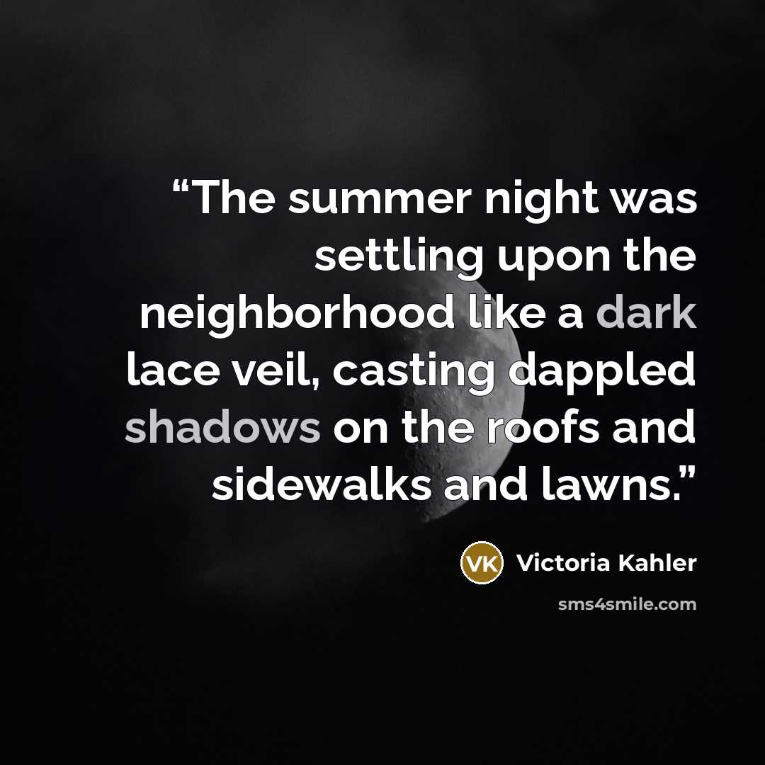 “The summer night was settling upon the neighborhood like a dark lace veil, casting dappled shadows on the roofs and sidewalks and lawns.” quote by Victoria Kahler