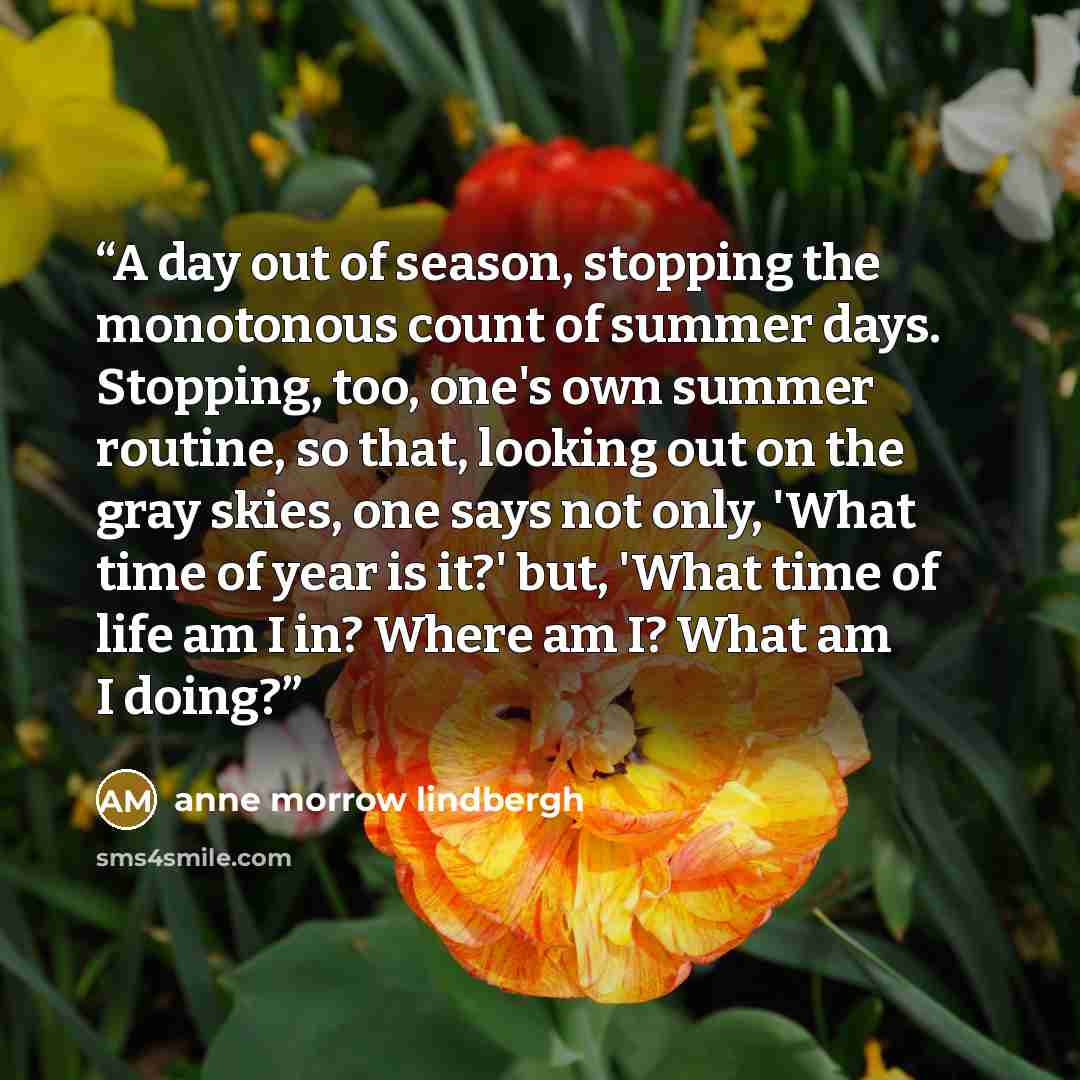 “A day out of season, stopping the monotonous count of summer days. Stopping, too, one's own summer routine, so that, looking out on the gray skies, one says not only, 'What time of year is it?' but, 'What time of life am I in? Where am I? What am I doing?” quote by Anne Morrow Lindbergh