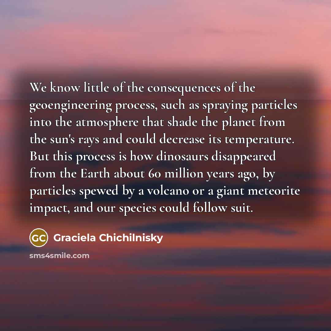 “We know little of the consequences of the geoengineering process,…” quote by Graciela Chichilnisky