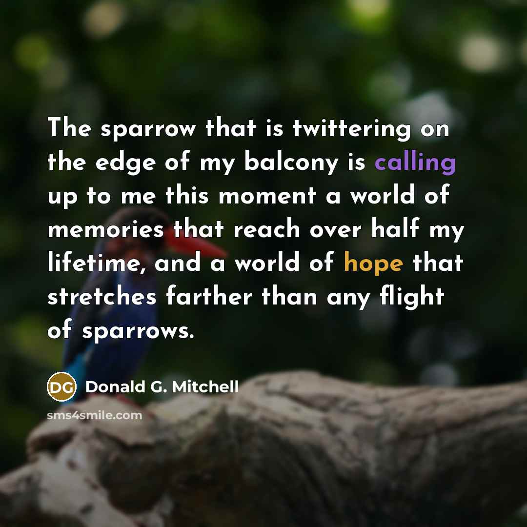 “The sparrow that is twittering on the edge of my balcony is calling up to me this moment a world of memories that reach over half my lifetime, and a world of hope that stretches farther than any flight of sparrows.” quote by Donald G. Mitchell