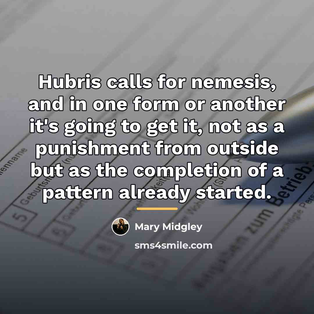 “Hubris calls for nemesis, and in one form or another…” quote by Mary Midgley
