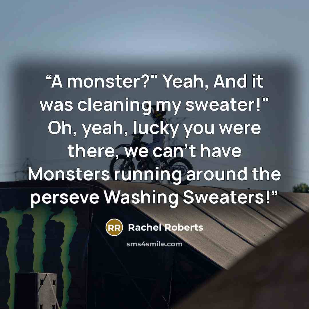 “A monster?" Yeah, And it was cleaning my sweater!" Oh, yeah, lucky you were there, we can't have Monsters running around the perseve Washing Sweaters!” quote by Rachel Roberts
