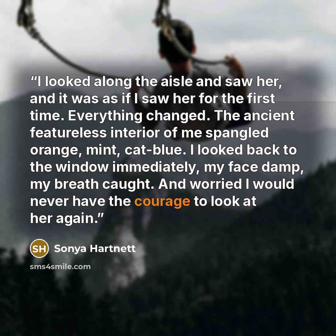 “I looked along the aisle and saw her, and it was as if I saw her for the first time. Everything changed. The ancient featureless interior of me spangled orange, mint, cat-blue. I looked back to the window immediately, my face damp, my breath caught. And worried I would never have the courage to…” quote by Sonya Hartnett