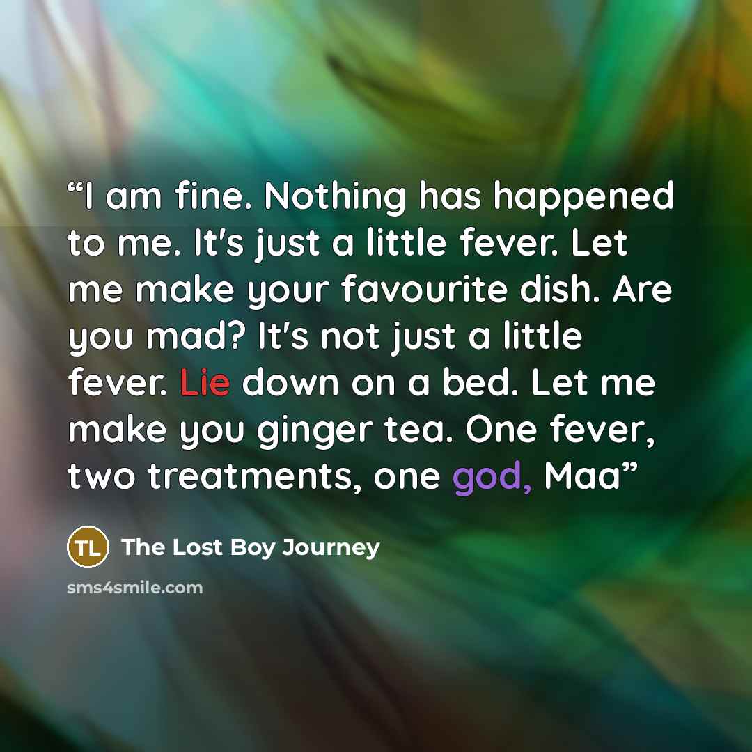 “I am fine. Nothing has happened to me. It's just a little fever. Let me make your favourite dish. Are you mad? It's not just a little fever. Lie down on a bed. Let me make you ginger tea. One fever, two treatments, one god, Maa” quote by The Lost Boy Journey