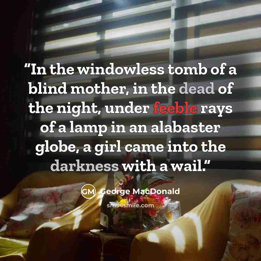 “In the windowless tomb of a blind mother, in the dead of the night, under feeble rays of a lamp in an alabaster globe, a girl came into the darkness with a wail.” quote by George MacDonald