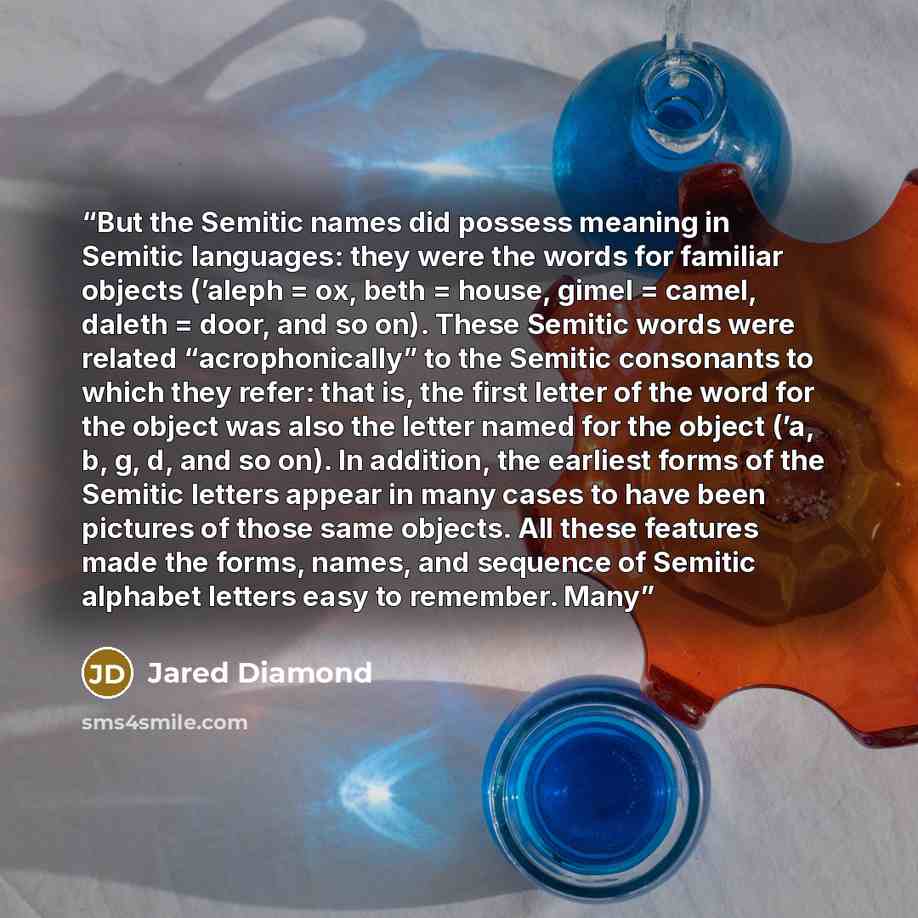 “But the Semitic names did possess meaning in Semitic languages: they were the words for familiar objects (’aleph = ox, beth = house, gimel = camel, daleth = door, and so on). These Semitic words were related “acrophonically” to the Semitic consonants to which they refer: that is, the first letter…” quote by Jared Diamond