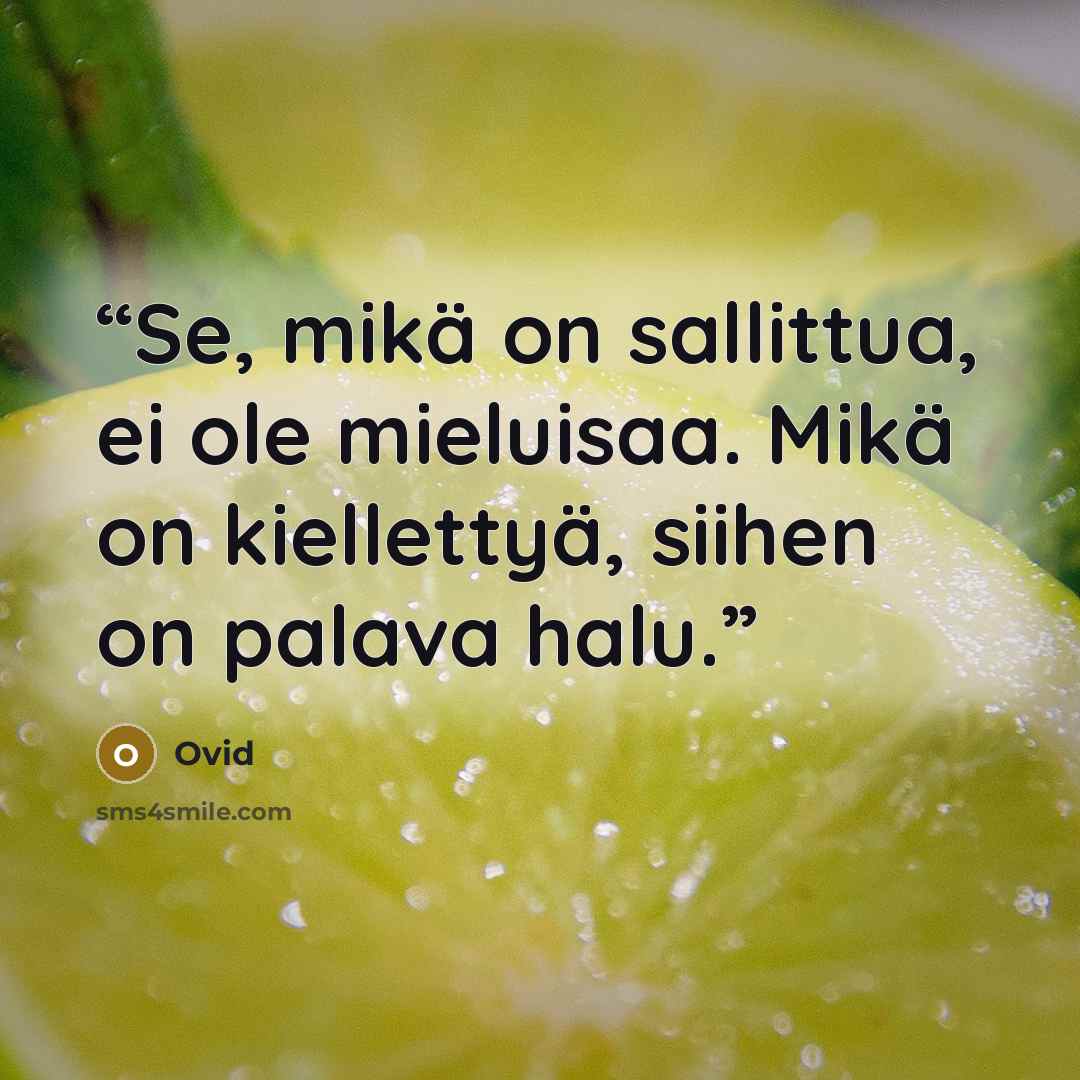 “Se, mikä on sallittua, ei ole mieluisaa. Mikä on kiellettyä, siihen on palava halu.” quote by Ovid