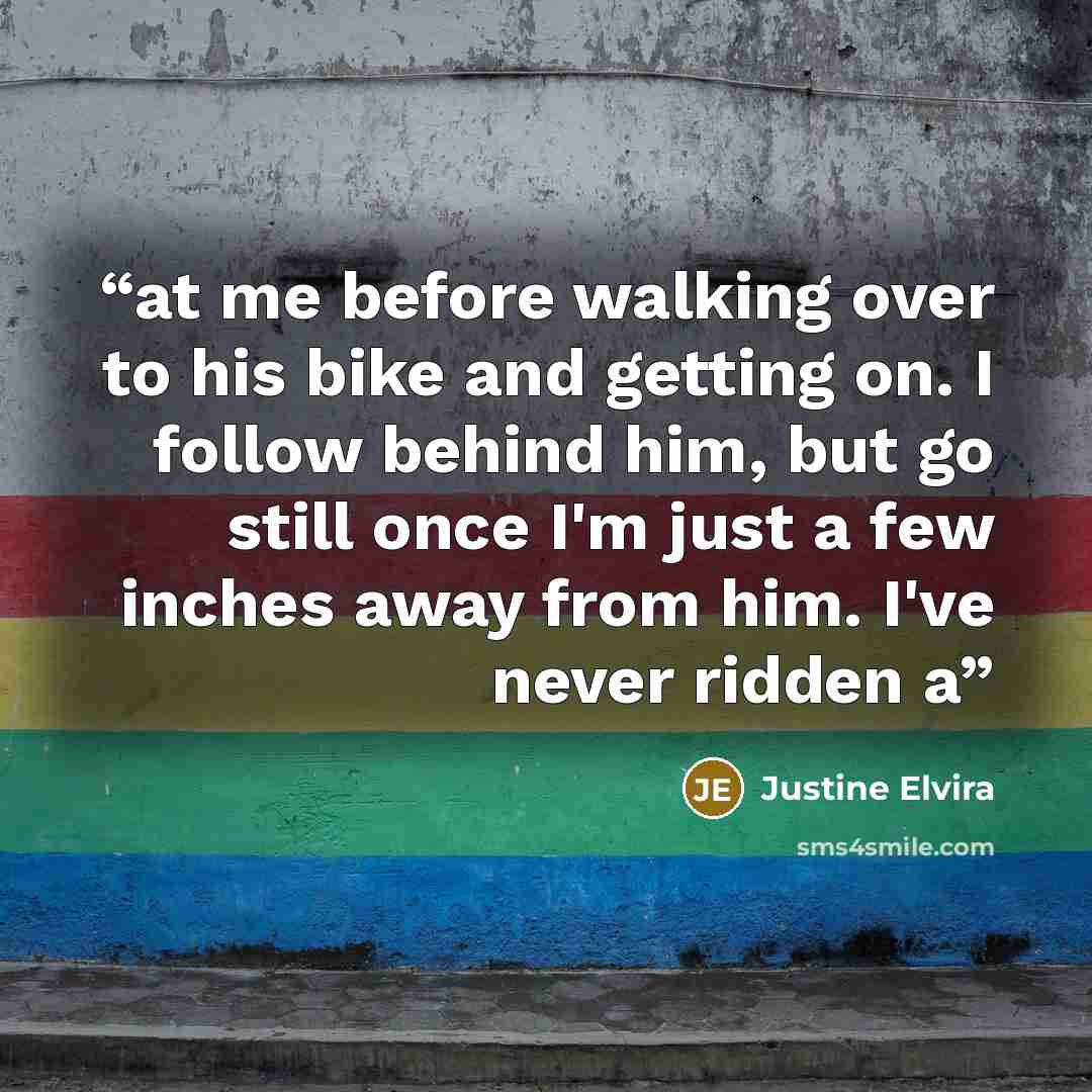 “at me before walking over to his bike and getting on. I follow behind him, but go still once I'm just a few inches away from him. I've never ridden a” quote by Justine Elvira