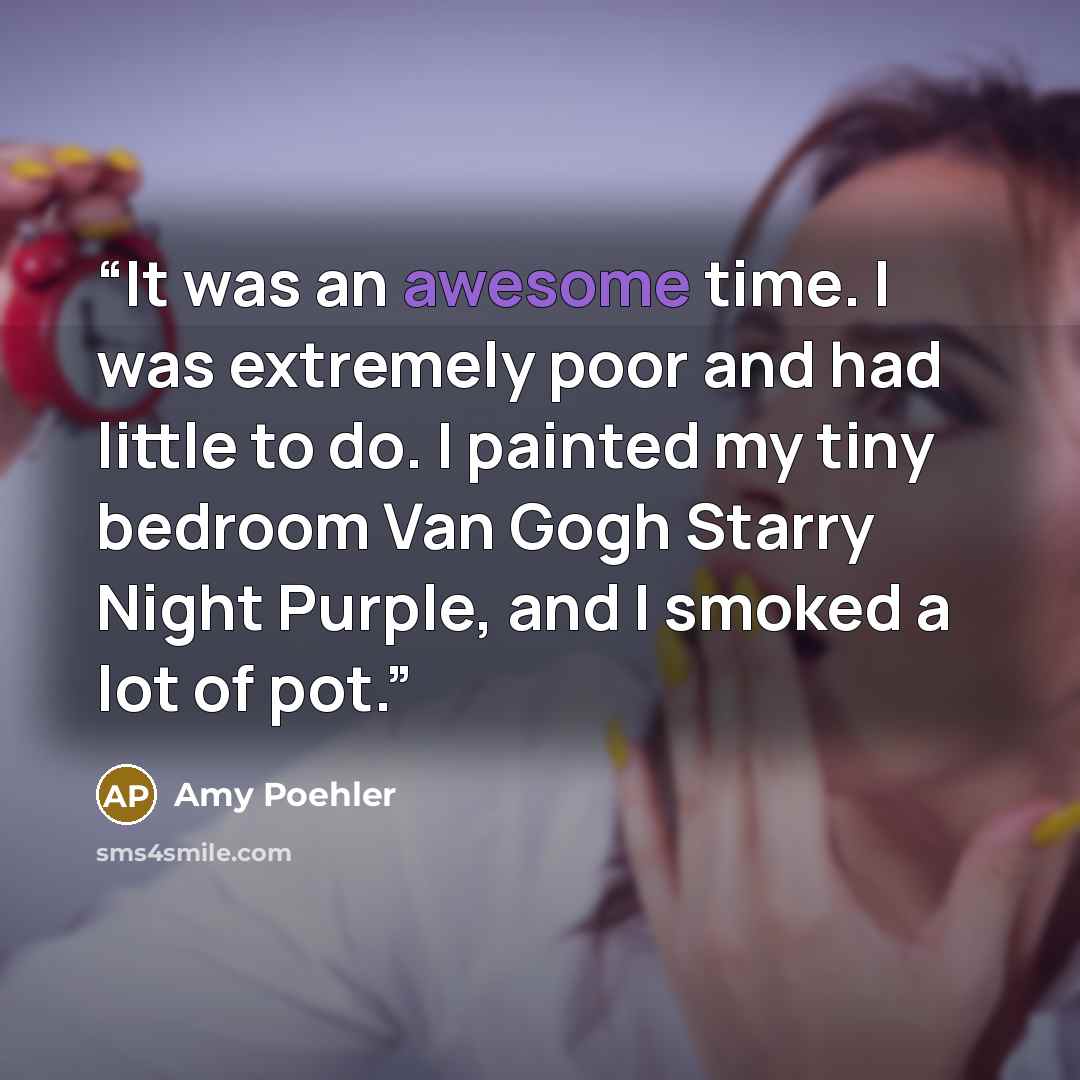 “It was an awesome time. I was extremely poor and had little to do. I painted my tiny bedroom Van Gogh Starry Night Purple, and I smoked a lot of pot.” quote by Amy Poehler