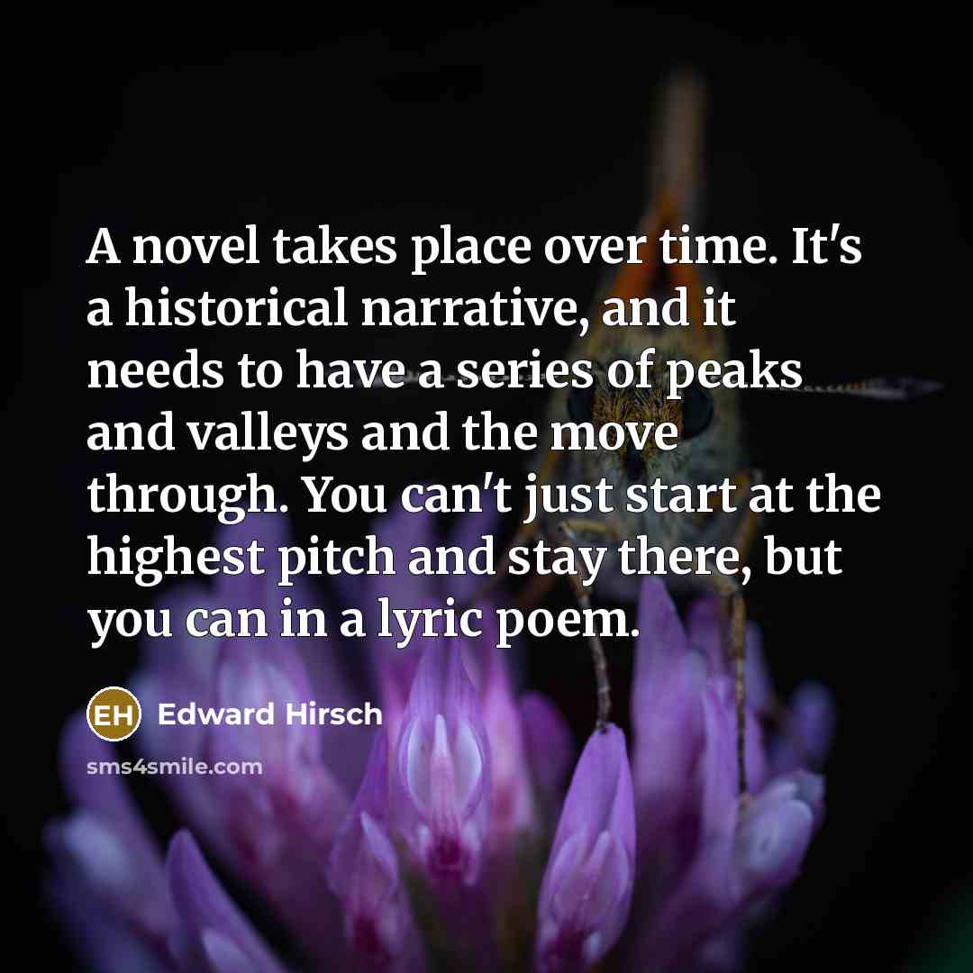 “A novel takes place over time. It's a historical narrative,…” quote by Edward Hirsch