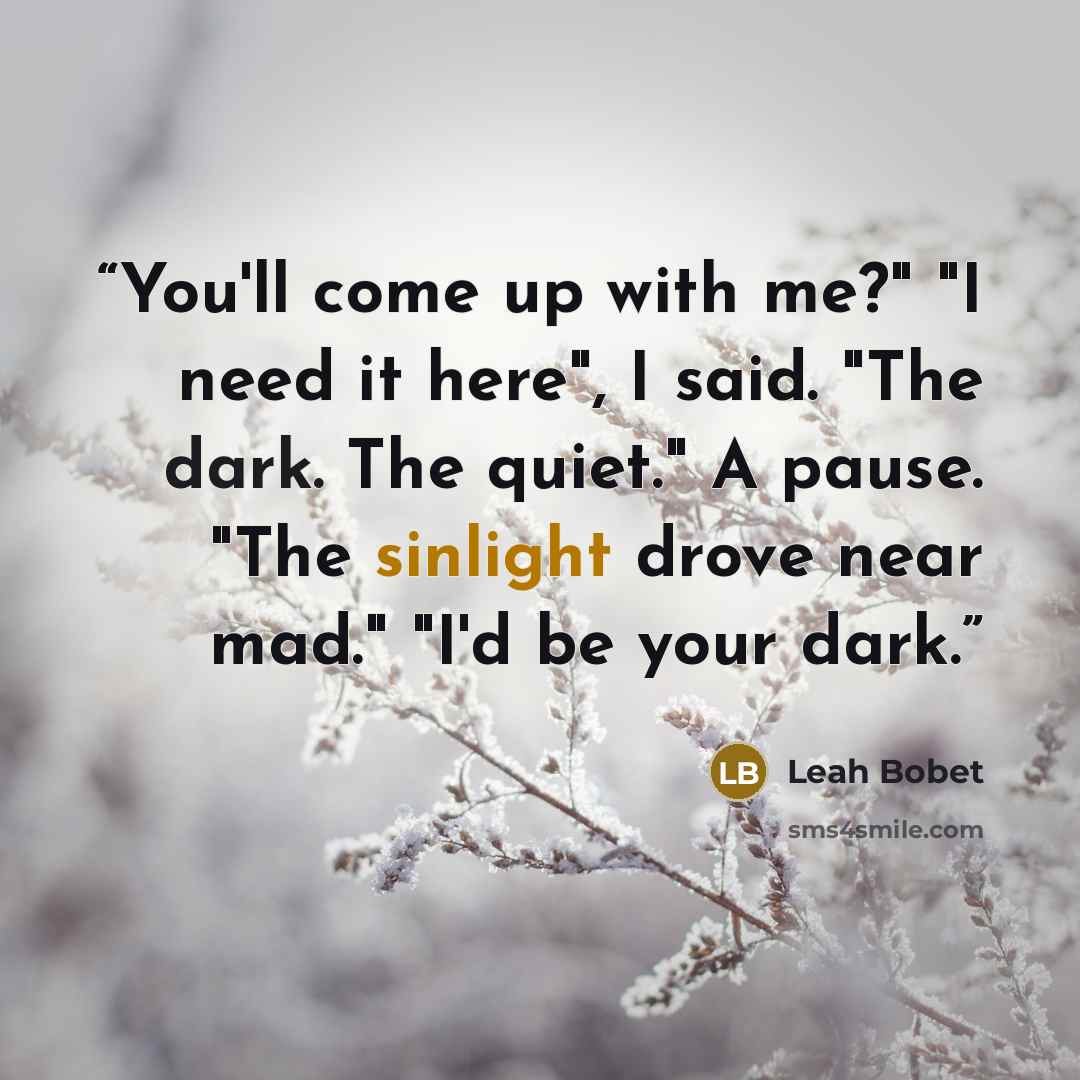 “You'll come up with me?" "I need it here", I said. "The dark. The quiet." A pause. "The sinlight drove near mad." "I'd be your dark.” quote by Leah Bobet
