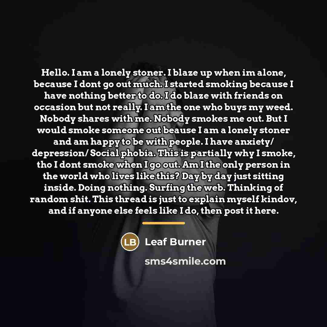 “Hello. I am a lonely stoner. I blaze up when…” quote by Leaf Burner