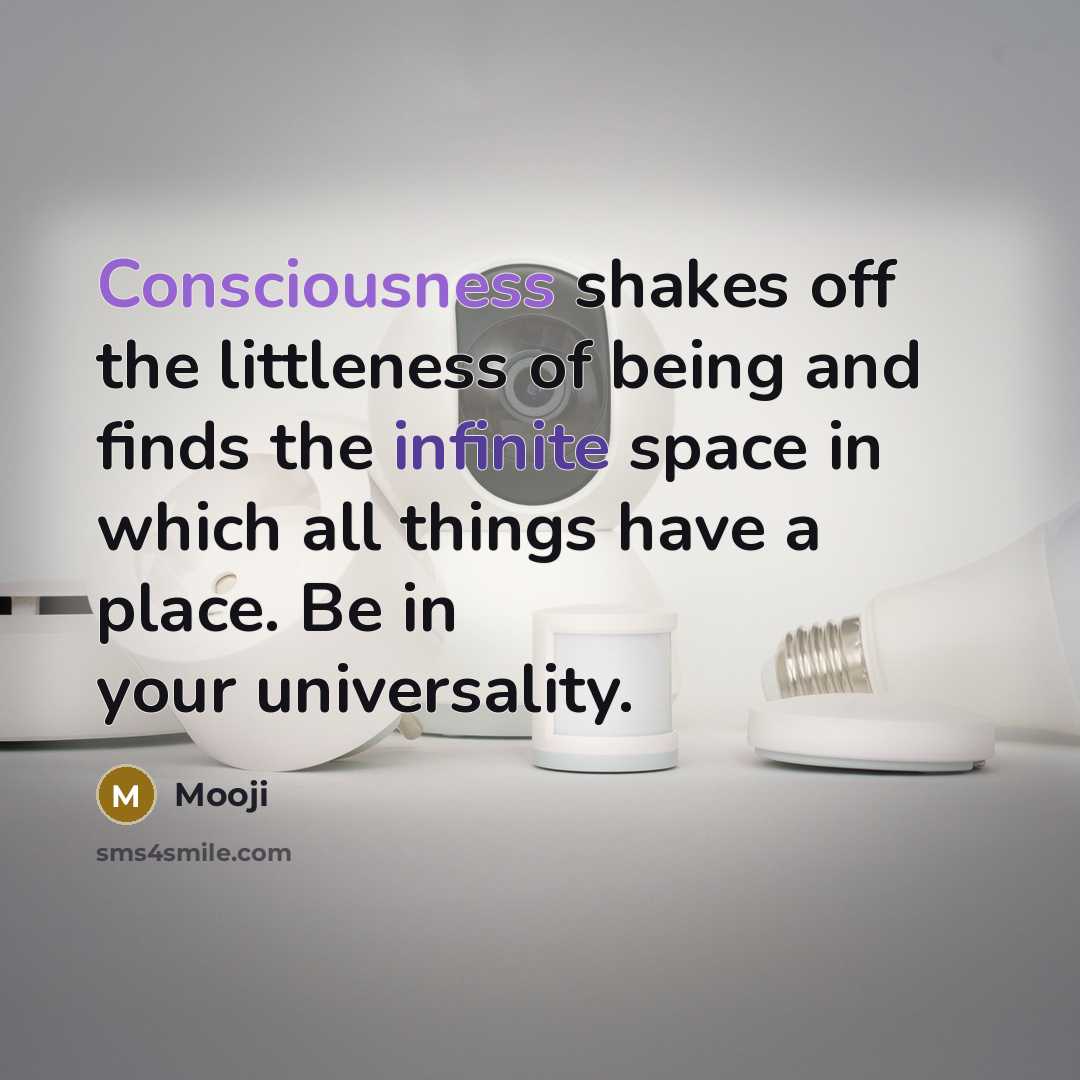 “Consciousness shakes off the littleness of being and finds the…” quote by Mooji