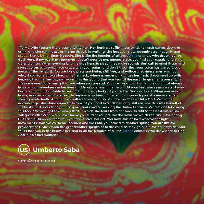 “To My Wife You are like a young white hen. Her feathers ruffle in the wind, her neck curves down to drink, and she rummages in the earth: but, in walking, she has your slow, queenly step, haughty and proud. She is better than the male. She is like the females of all the serene animals who draw…” quote by Umberto Saba