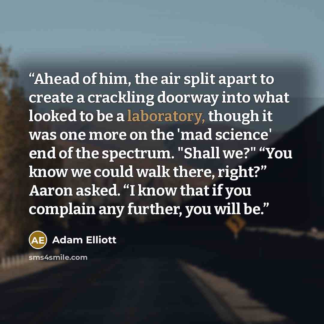 “Ahead of him, the air split apart to create a crackling doorway into what looked to be a laboratory, though it was one more on the 'mad science' end of the spectrum. "Shall we?" “You know we could walk there, right?” Aaron asked. “I know that if you complain any further, you will be.” quote by Adam Elliott