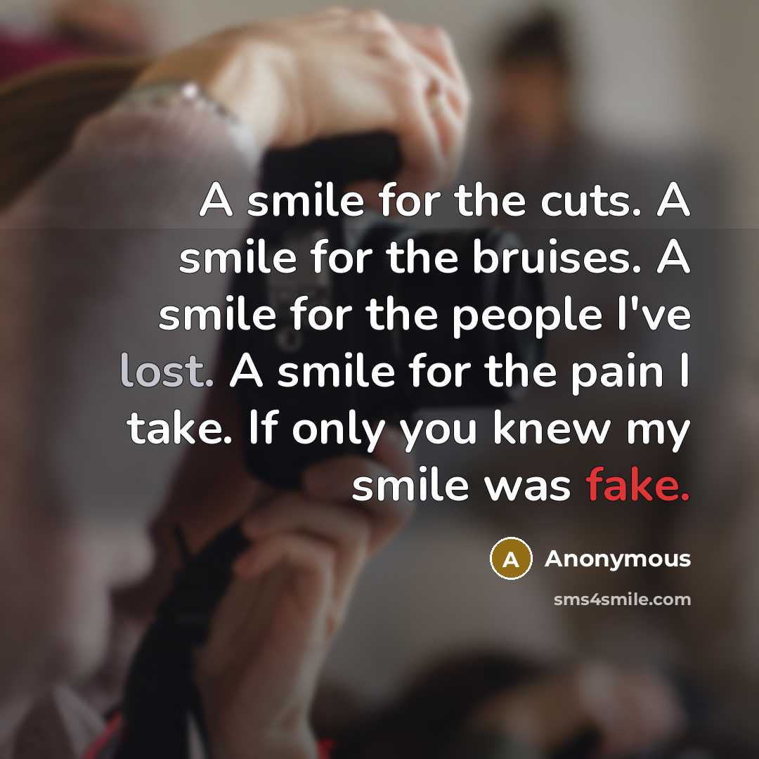 “A smile for the cuts. A smile for the bruises. A smile for the people I've lost. A smile for the pain I take. If only you knew my smile was fake.” quote by Anonymous