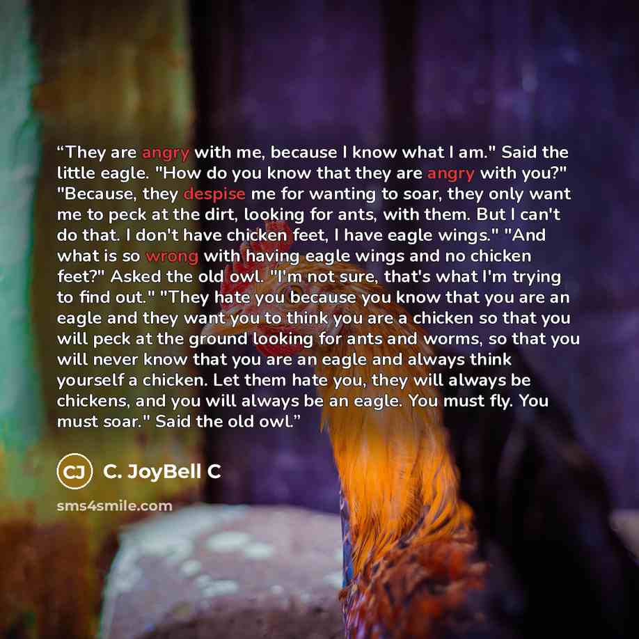“‎They are angry with me, because I know what I am." Said the little eagle. "How do you know that they are angry with you?" "Because, they despise me for wanting to soar, they only want me to peck at the dirt, looking for ants, with them. But I can't do that. I don't have chicken feet, I have eagle…” quote by C. JoyBell C