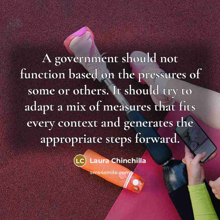 “A government should not function based on the pressures of some or others. It should try to adapt a mix of measures that fits every context and generates the appropriate steps forward.” quote by Laura Chinchilla