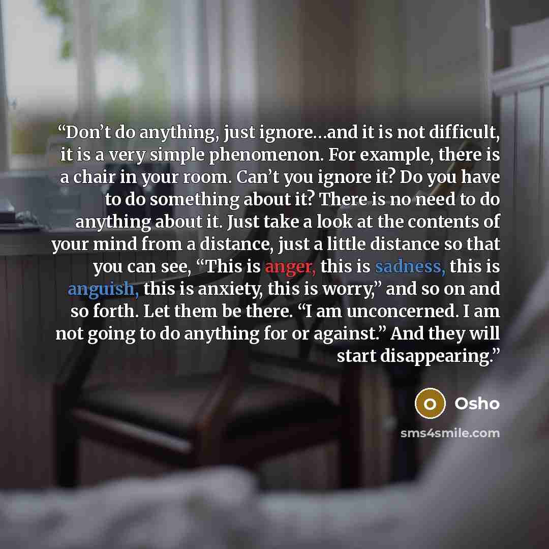 “Don’t do anything, just ignore…and it is not difficult, it is a very simple phenomenon. For example, there is a chair in your room. Can’t you ignore it? Do you have to do something about it? There is no need to do anything about it. Just take a look at the contents of your mind from a distance…” quote by Osho