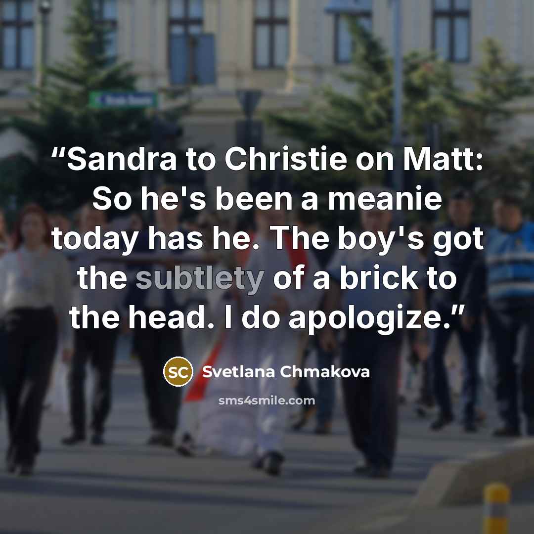 “Sandra to Christie on Matt: So he's been a meanie today has he. The boy's got the subtlety of a brick to the head. I do apologize.” quote by Svetlana Chmakova