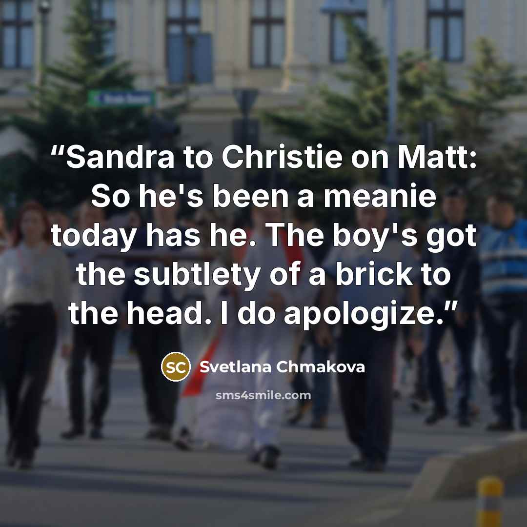 “Sandra to Christie on Matt: So he's been a meanie today has he. The boy's got the subtlety of a brick to the head. I do apologize.” quote by Svetlana Chmakova
