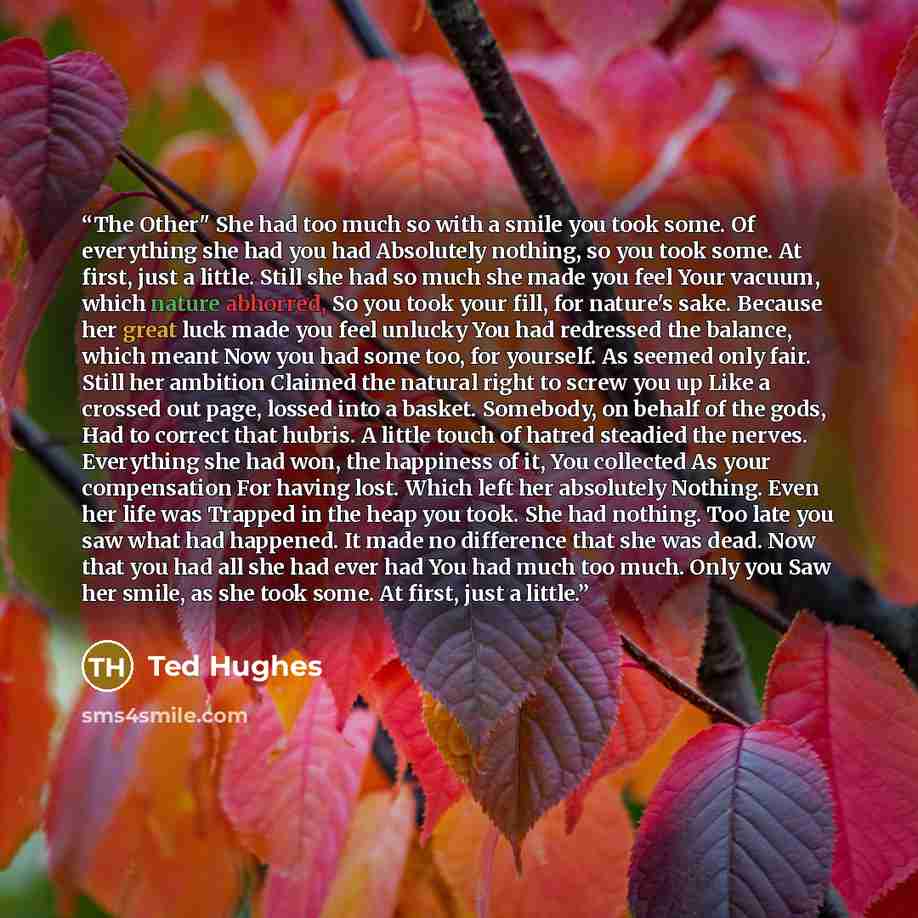 “The Other" She had too much so with a smile you took some. Of everything she had you had Absolutely nothing, so you took some. At first, just a little. Still she had so much she made you feel Your vacuum, which nature abhorred, So you took your fill, for nature's sake. Because her great luck made…” quote by Ted Hughes