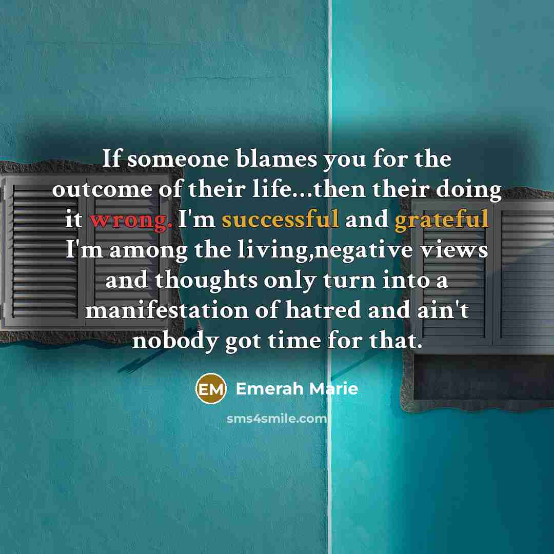“If someone blames you for the outcome of their life…then their doing it wrong. I'm successful and grateful I'm among the living,negative views and thoughts only turn into a manifestation of hatred and ain't nobody got time for that.” quote by Emerah Marie
