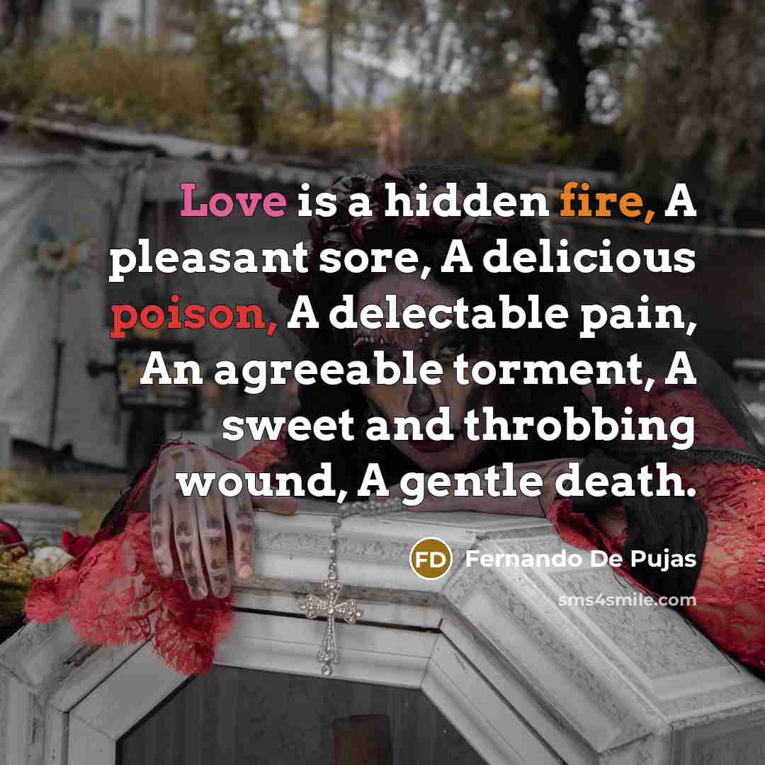 “Love is a hidden fire, A pleasant sore, A delicious poison, A delectable pain, An agreeable torment, A sweet and throbbing wound, A gentle death.” quote by Fernando De Pujas