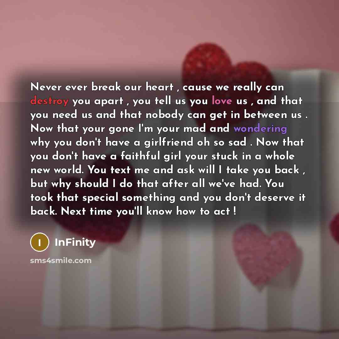 “Never ever break our heart , cause we really can destroy you apart , you tell us you love us , and that you need us and that nobody can get in between us . Now that your gone I'm your mad and wondering why you don't have a girlfriend oh so sad . Now that you don't have a faithful girl your stuck…” quote by InFinity