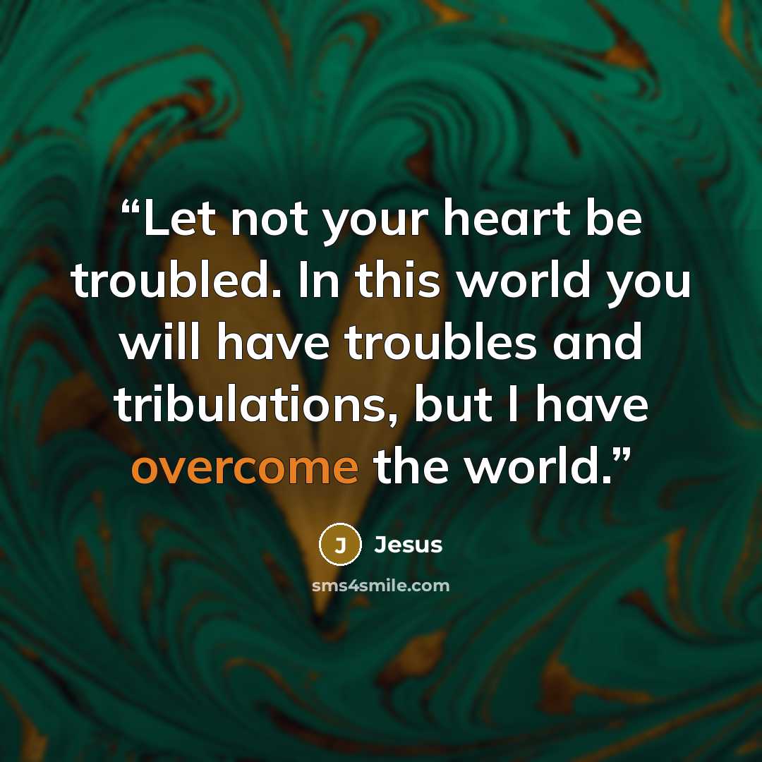“Let not your heart be troubled. In this world you will have troubles and tribulations, but I have overcome the world.” quote by Jesus