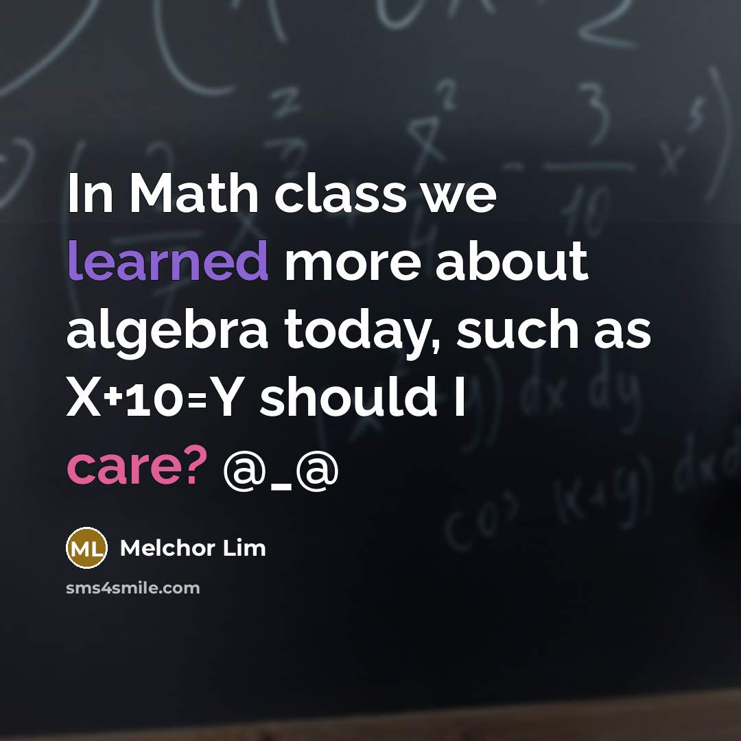 “In Math class we learned more about algebra today, such as X+10=Y should I care? @_@” quote by Melchor Lim