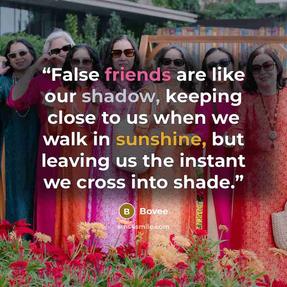 “False friends are like our shadow, keeping close to us when we walk in sunshine, but leaving us the instant we cross into shade.” quote by Bovee
