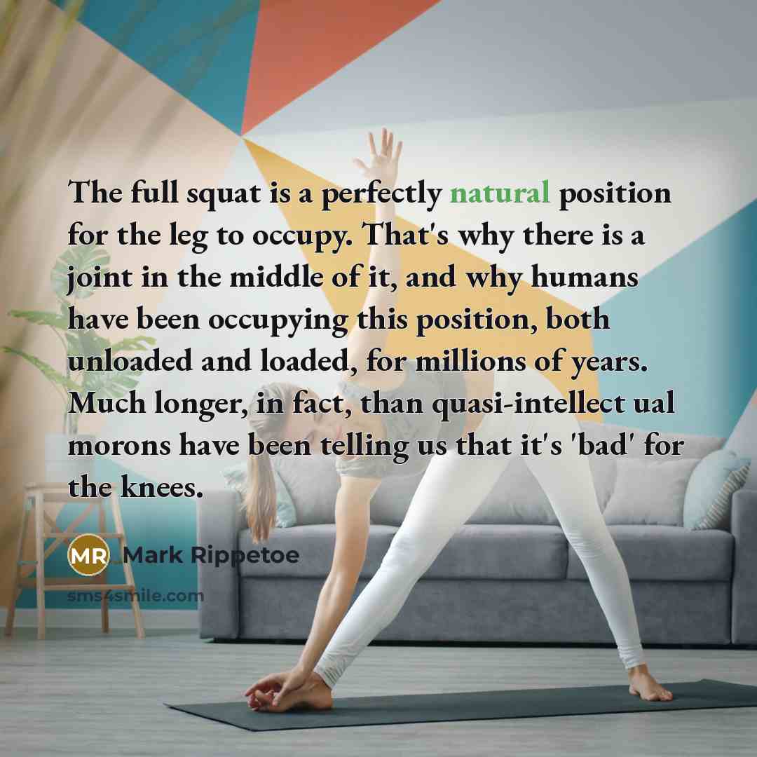 “The full squat is a perfectly natural position for the leg to occupy. That's why there is a joint in the middle of it, and why humans have been occupying this position, both unloaded and loaded, for millions of years. Much longer, in fact, than quasi-intellect ual morons have been telling us that…” quote by Mark Rippetoe