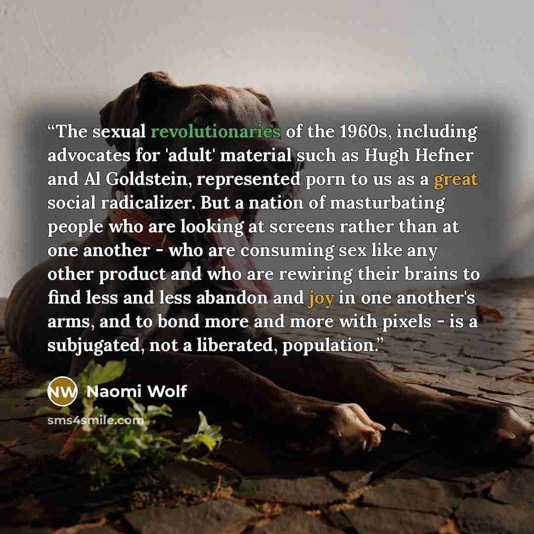 “The sexual revolutionaries of the 1960s, including advocates for 'adult' material such as Hugh Hefner and Al Goldstein, represented porn to us as a great social radicalizer. But a nation of masturbating people who are looking at screens rather than at one another - who are consuming sex like any…” quote by Naomi Wolf