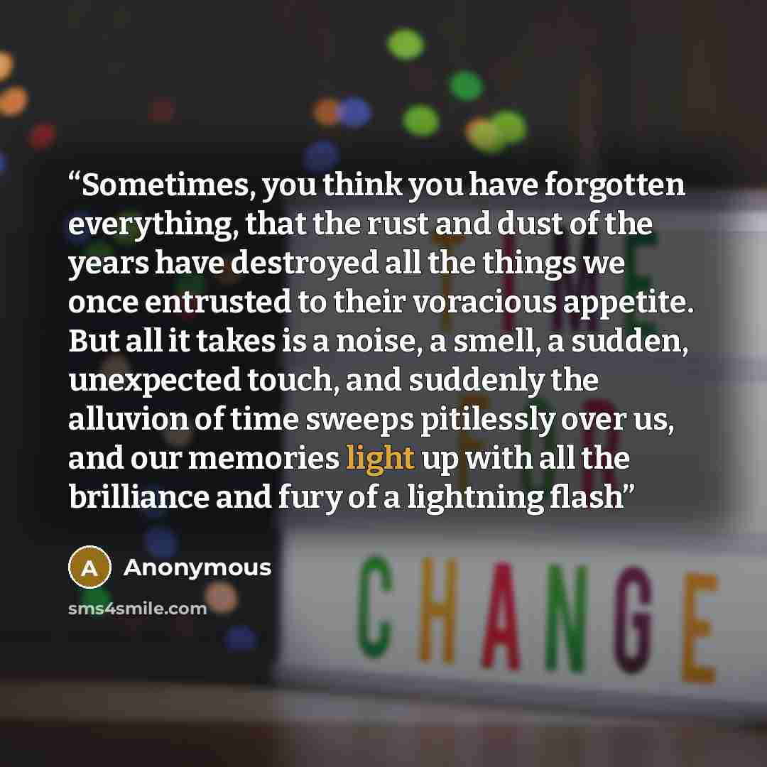 “Sometimes, you think you have forgotten everything, that the rust and dust of the years have destroyed all the things we once entrusted to their voracious appetite. But all it takes is a noise, a smell, a sudden, unexpected touch, and suddenly the alluvion of time sweeps pitilessly over us, and…” quote by Anonymous