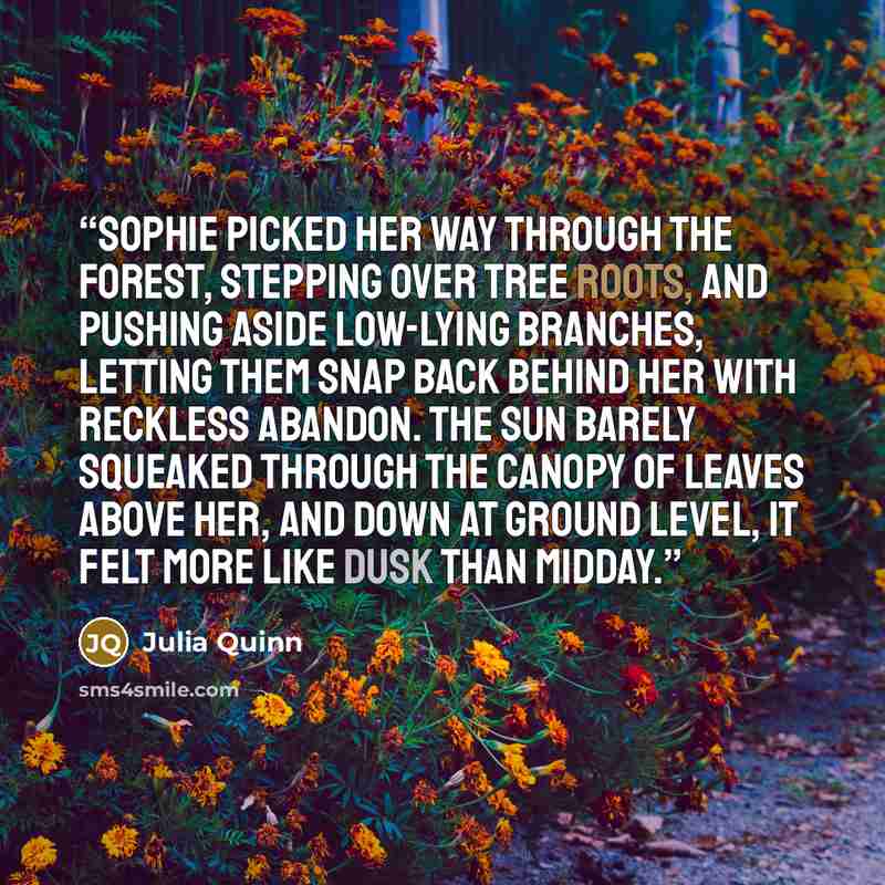 “Sophie picked her way through the forest, stepping over tree roots, and pushing aside low-lying branches, letting them snap back behind her with reckless abandon. The sun barely squeaked through the canopy of leaves above her, and down at ground level, it felt more like dusk than midday.” quote by Julia Quinn