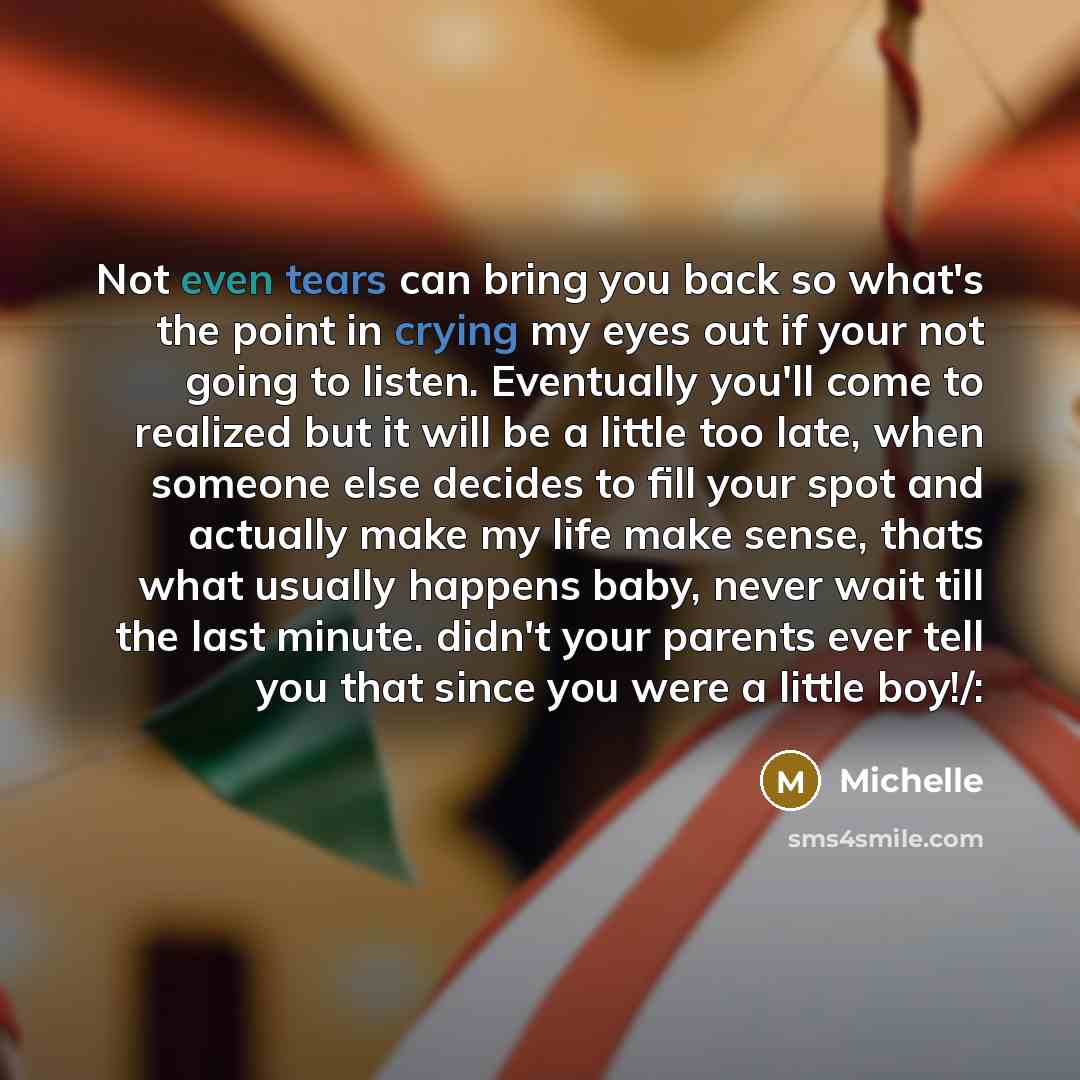 “Not even tears can bring you back so what's the point in crying my eyes out if your not going to listen. Eventually you'll come to realized but it will be a little too late, when someone else decides to fill your spot and actually make my life make sense, thats what usually happens baby, never…” quote by Michelle