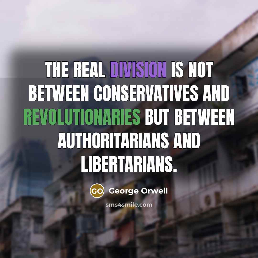 “The real division is not between conservatives and revolutionaries but between authoritarians and libertarians.” quote by George Orwell