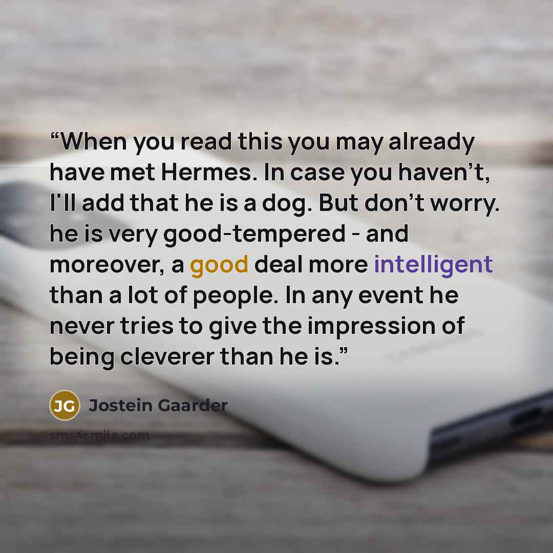 “When you read this you may already have met Hermes. In case you haven't, I'll add that he is a dog. But don't worry. he is very good-tempered - and moreover, a good deal more intelligent than a lot of people. In any event he never tries to give the impression of being cleverer than he is.” quote by Jostein Gaarder