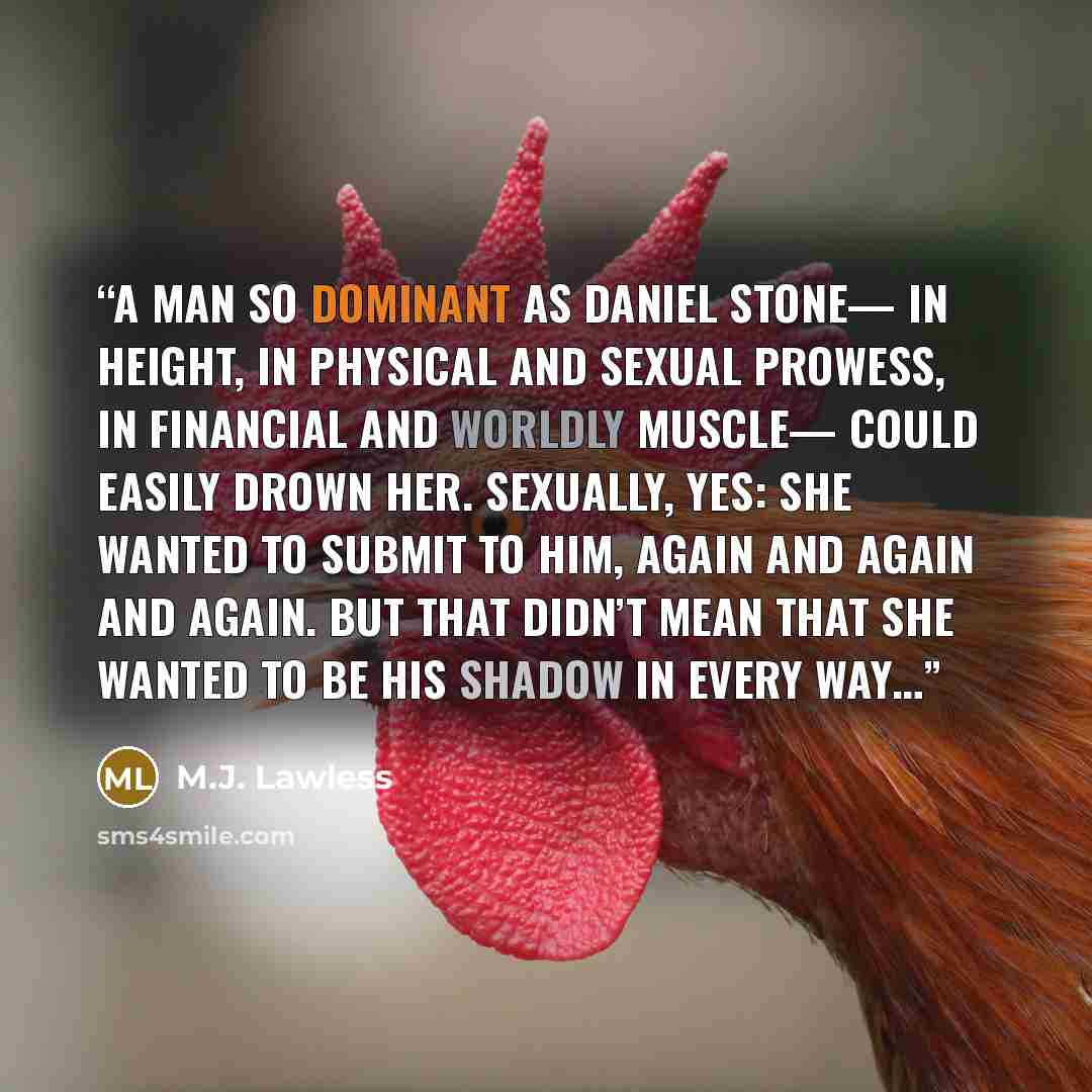 “A man so dominant as Daniel Stone— in height, in physical and sexual prowess, in financial and worldly muscle— could easily drown her. Sexually, yes: she wanted to submit to him, again and again and again. But that didn’t mean that she wanted to be his shadow in every way…” quote by M.J. Lawless