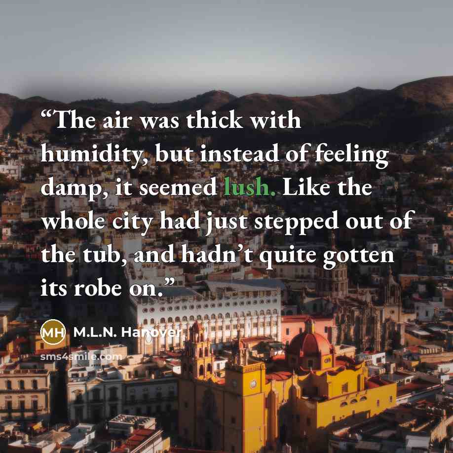 “The air was thick with humidity, but instead of feeling damp, it seemed lush. Like the whole city had just stepped out of the tub, and hadn’t quite gotten its robe on.” quote by M.L.N. Hanover
