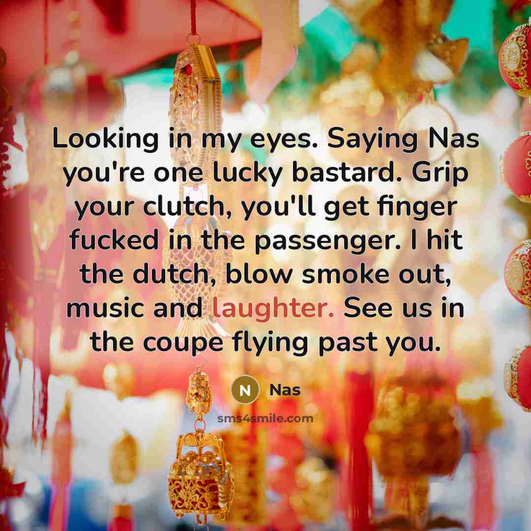 “Looking in my eyes. Saying Nas you're one lucky bastard. Grip your clutch, you'll get finger fucked in the passenger. I hit the dutch, blow smoke out, music and laughter. See us in the coupe flying past you.” quote by Nas