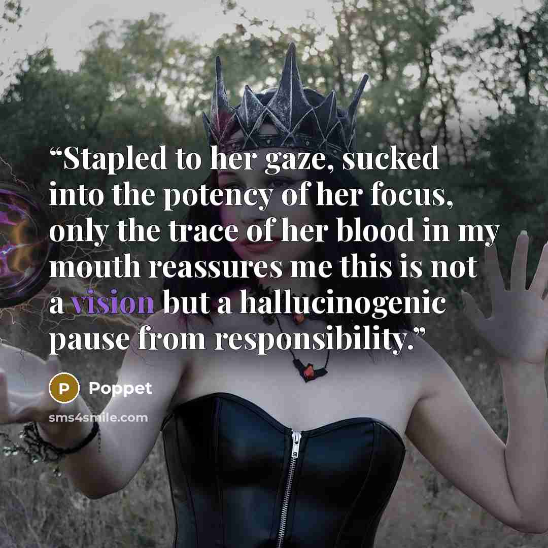 “Stapled to her gaze, sucked into the potency of her focus, only the trace of her blood in my mouth reassures me this is not a vision but a hallucinogenic pause from responsibility.” quote by Poppet