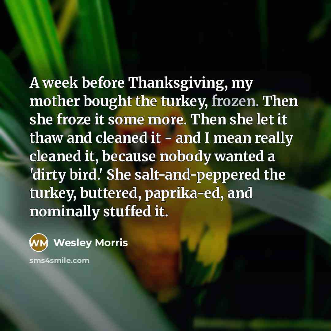 “A week before Thanksgiving, my mother bought the turkey, frozen.…” quote by Wesley Morris