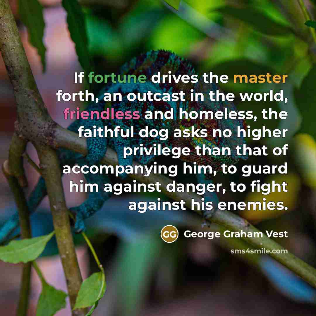“If fortune drives the master forth, an outcast in the world, friendless and homeless, the faithful dog asks no higher privilege than that of accompanying him, to guard him against danger, to fight against his enemies.” quote by George Graham Vest
