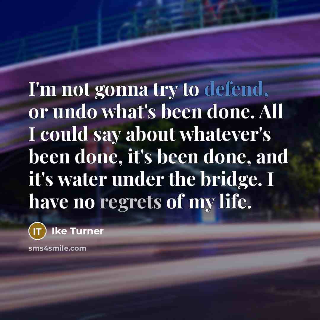 “I'm not gonna try to defend, or undo what's been done. All I could say about whatever's been done, it's been done, and it's water under the bridge. I have no regrets of my life.” quote by Ike Turner