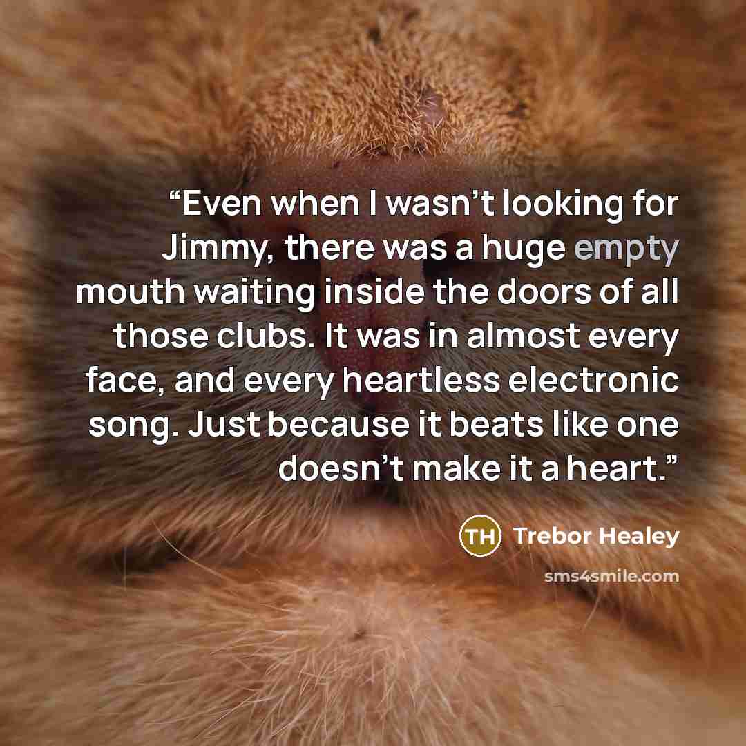 “Even when I wasn’t looking for Jimmy, there was a huge empty mouth waiting inside the doors of all those clubs. It was in almost every face, and every heartless electronic song. Just because it beats like one doesn’t make it a heart.” quote by Trebor Healey