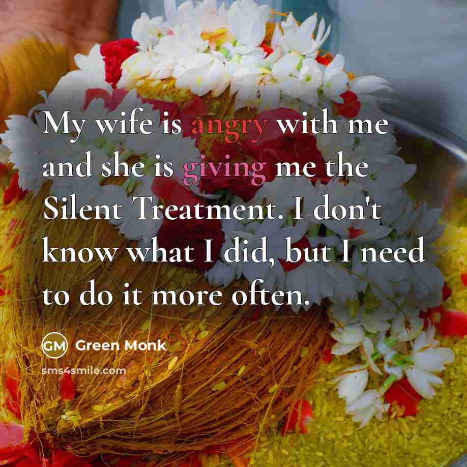 “My wife is angry with me and she is giving me the Silent Treatment. I don't know what I did, but I need to do it more often.” quote by Green Monk
