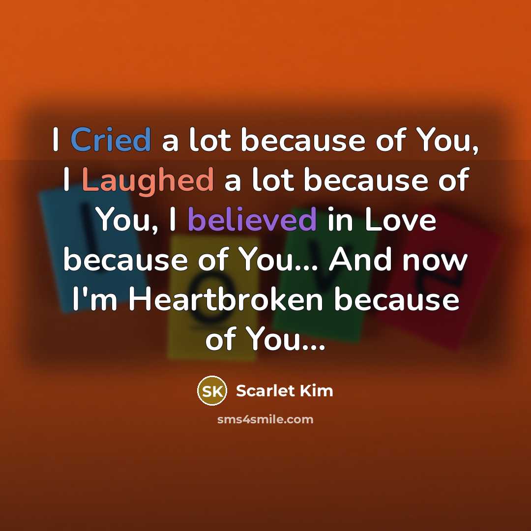 “I Cried a lot because of You, I Laughed a lot because of You, I believed in Love because of You... And now I'm Heartbroken because of You...” quote by Scarlet Kim
