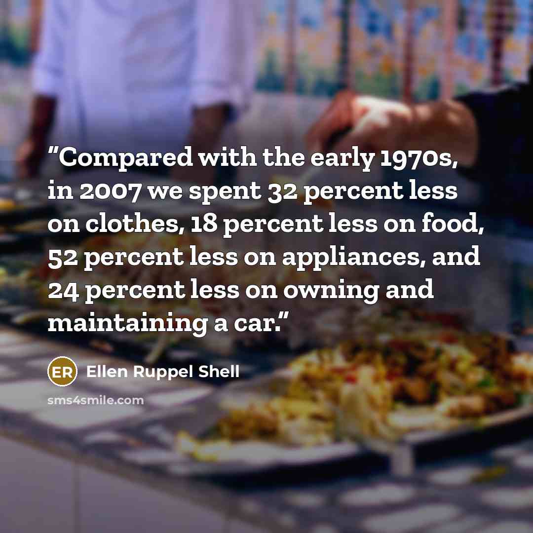“Compared with the early 1970s, in 2007 we spent 32 percent less on clothes, 18 percent less on food, 52 percent less on appliances, and 24 percent less on owning and maintaining a car.” quote by Ellen Ruppel Shell
